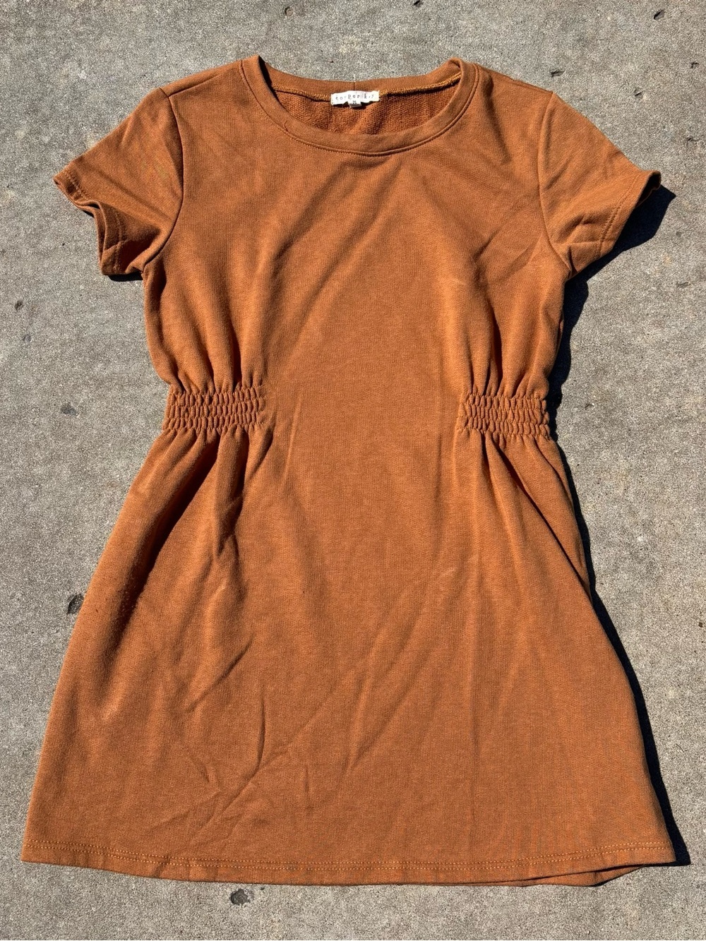 Copper Key Short Sleeve Smocked Waist Mini Dress - Rust Brown